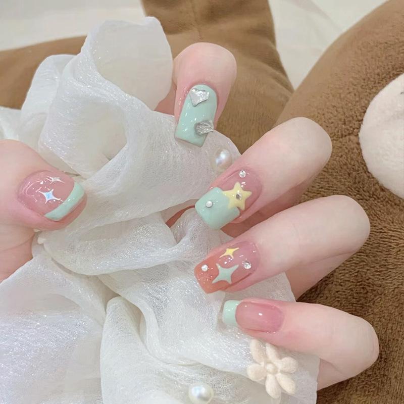 Unghii Drăguțe de Desene Animate, Scurte, Tip Coffin, Presate - Vârfuri de Manichiură Dopeamine, Detașabile