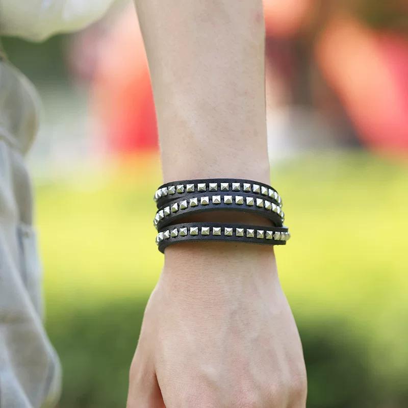 Rock Punk Silver Stud Genuine Leather Bracelet Multi Round Cowhide Leather Bracelet European American New Bracelet Foreign Trade