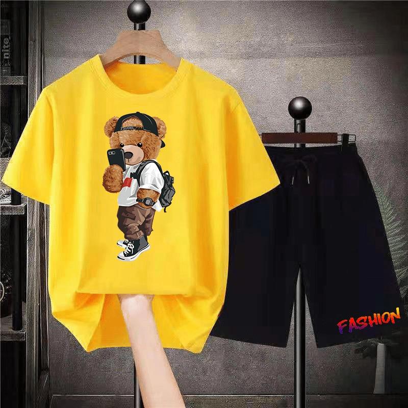 Korean Brand Bear Print T-shirt Men's Cotton Short-sleeved Oversized T-shirt Hip-hop Retro Suit Unisex Free Shipping