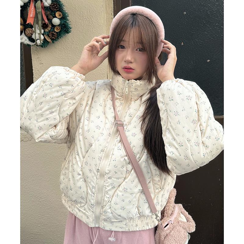 Padded jacket 2025 winter thickened retro floral stand-up collar Korean sweet slimming short floral down cotton