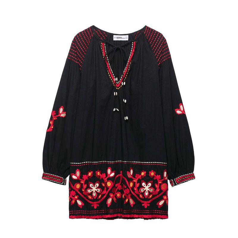 

Kaslead New Women clothes Western Style Simple Retro Embroidery V-neck Short Dress 2903042 800 Black XS