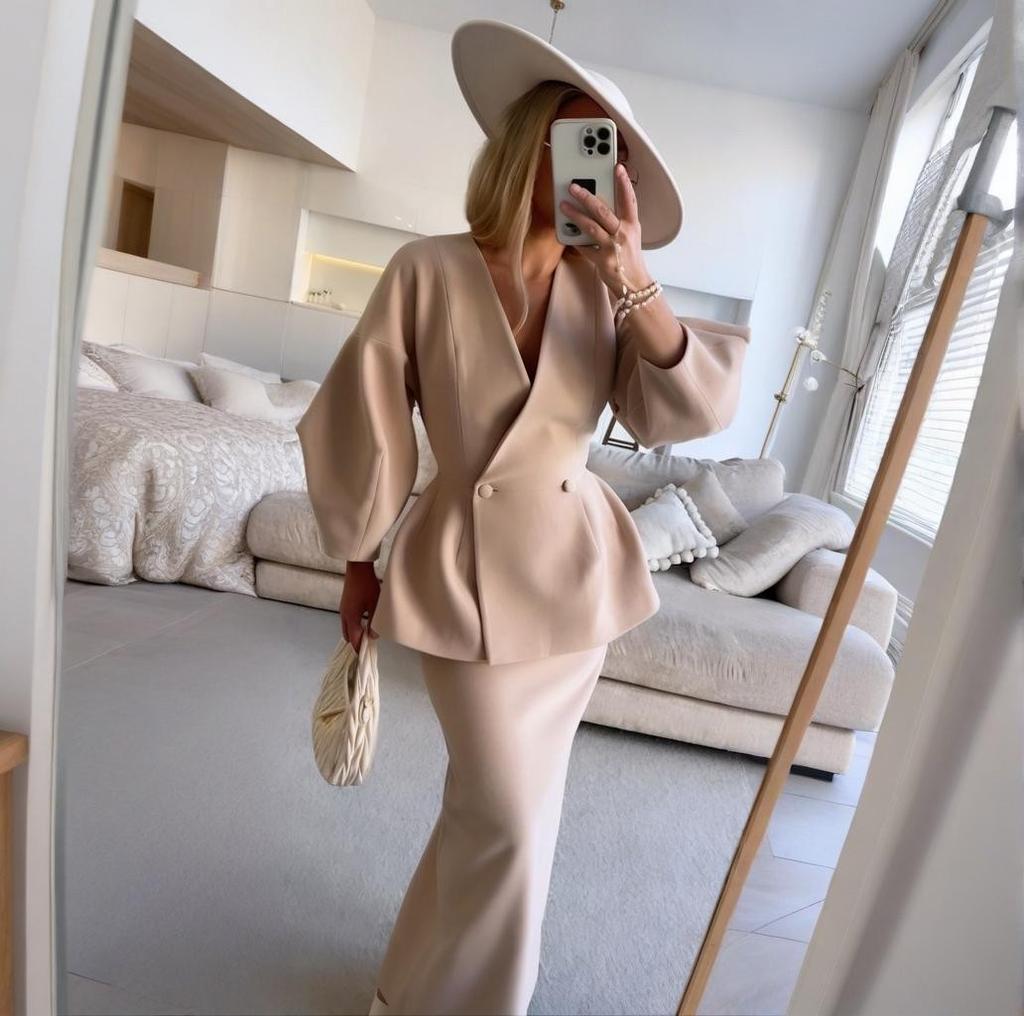 Dámská bílá halenka s V-výstřihem a nabíranými rukávy se sadou sukně slim fit, elegantní kancelářské oblečení