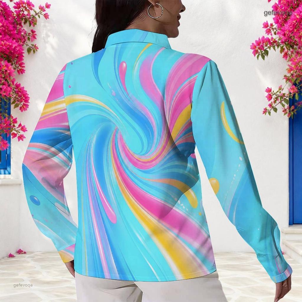 Women Plus Size Collared Long Sleeve Colorful Swirl Print Button Front Shirt