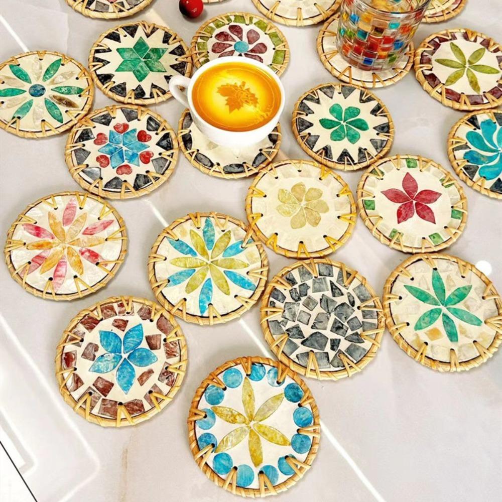 Round Seashell Cup Mat Colorful Coaster Table Decoration Rattan Shell Cup Mat  Kitchen
