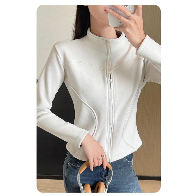 Women's Stand Collar Short Coat Fleece Sweatshirt For Autumn And Winter Outer Wear Slim Fit Fleece Lined Thickened Warm Yoga Top