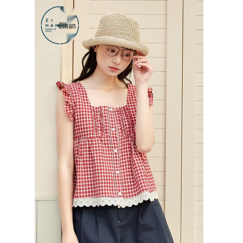 ZIHAN Women s Plaid Square Neck Sleeveless Blouse L