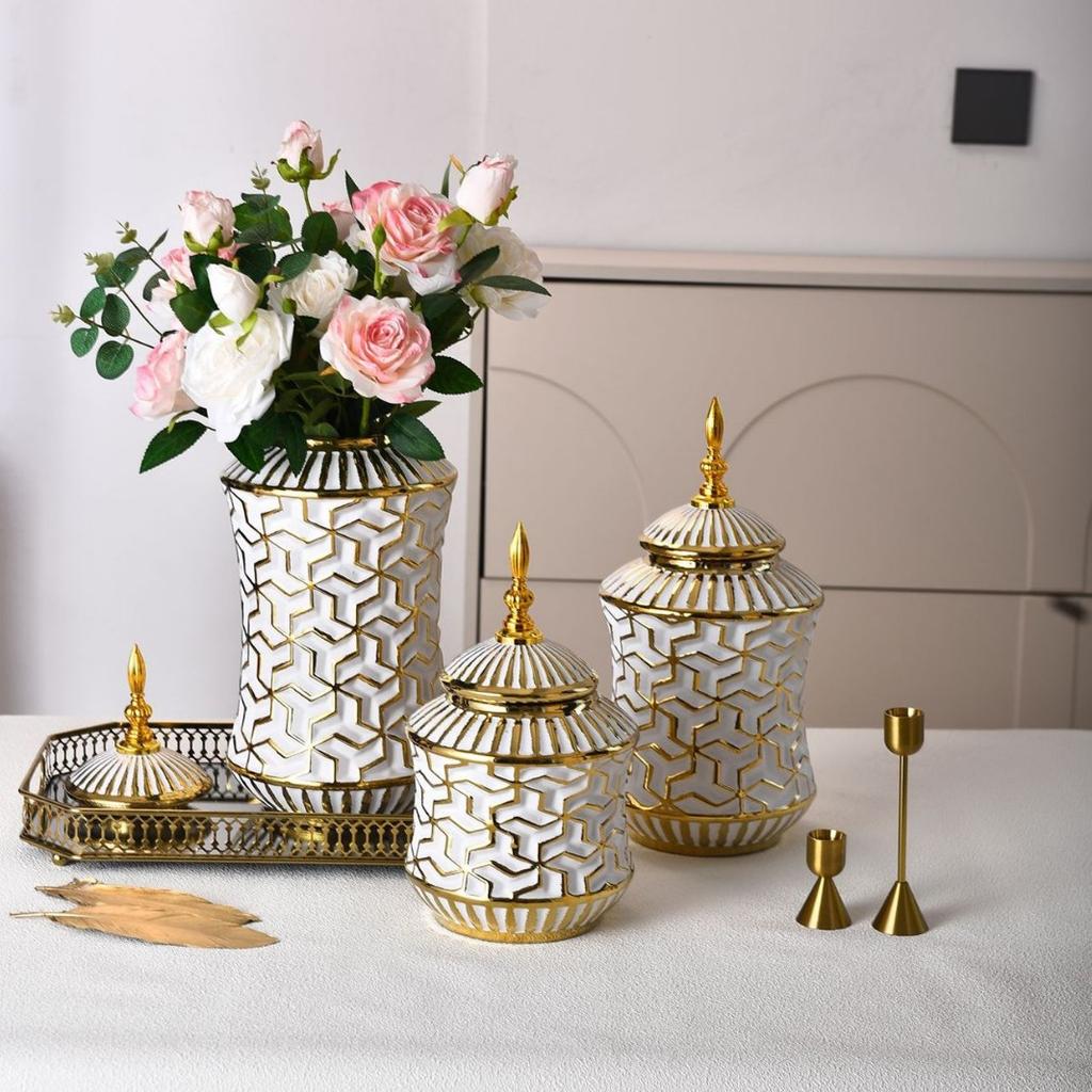 Light luxury ceramic general bottle storage jar Hotel flower arrangement ornament white gold ceramic vase large flowerpot decor