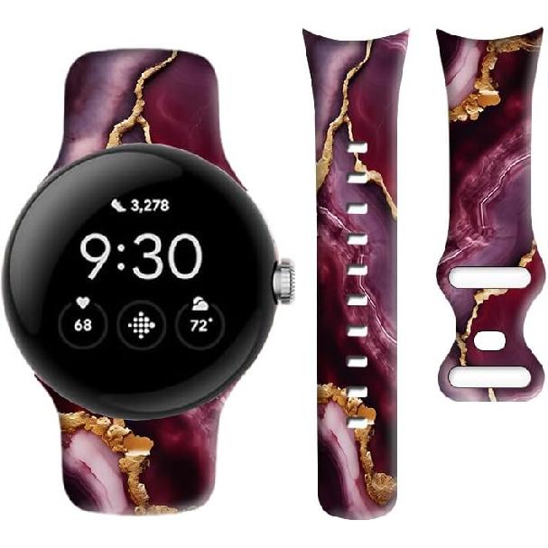 Совместимый с Pixel Watch 2/1 Ремешок для Женщин Мужчин, Мягкий Силиконовый Водонепроницаемый Спортивный Сменный Ремешок для Pixel Watch 2 2023/ Pixel Watch 2022 Red Gold Marble