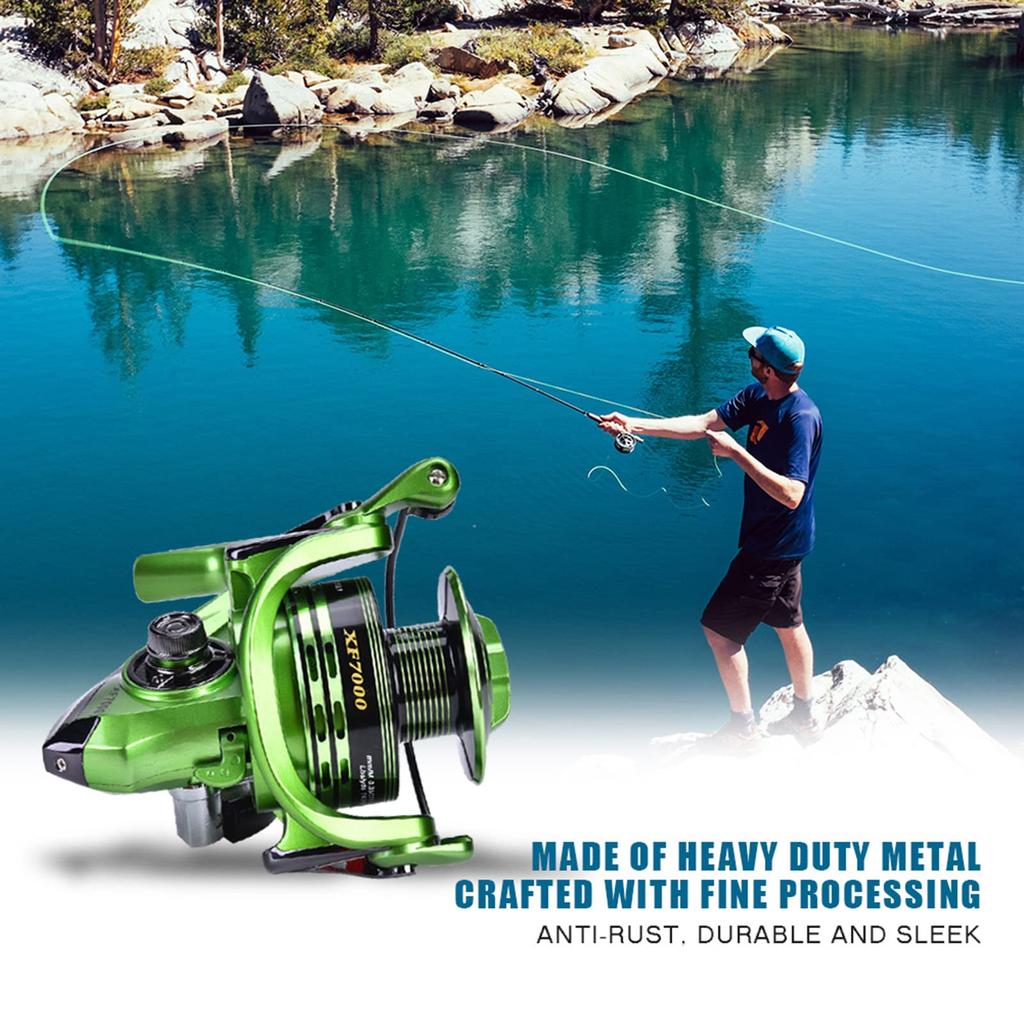 Lightweight metal spinning reel for saltwater fishing highly durable casting suitable for saltwater fishing (Green XF7000), ambidextrous, reel,