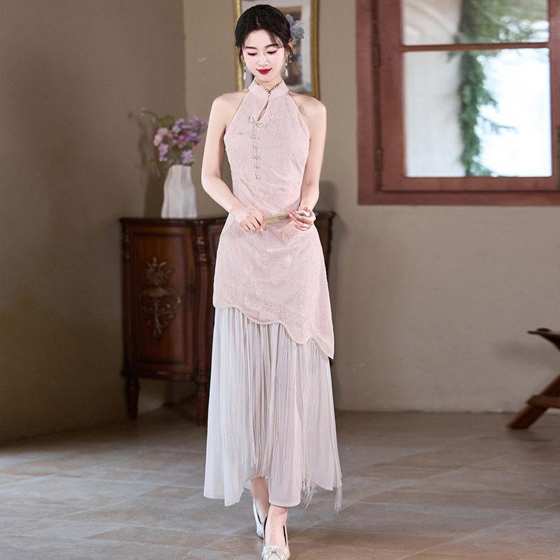 Pink Modern Chinese Style Sleeveless Cheongsam Dress With Lace Embroidery Women 2026