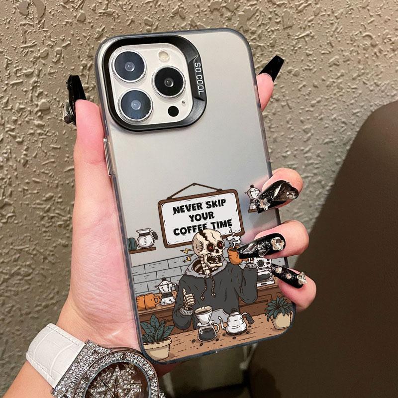 

Coffee Shop Skeleton Cartoon Phone Case For iPhone 15 14 13 12 11 Mini Pro Max 16 Pro Max Plus 15 14 Plus Shockproof Laser Cover iphone 13Mini