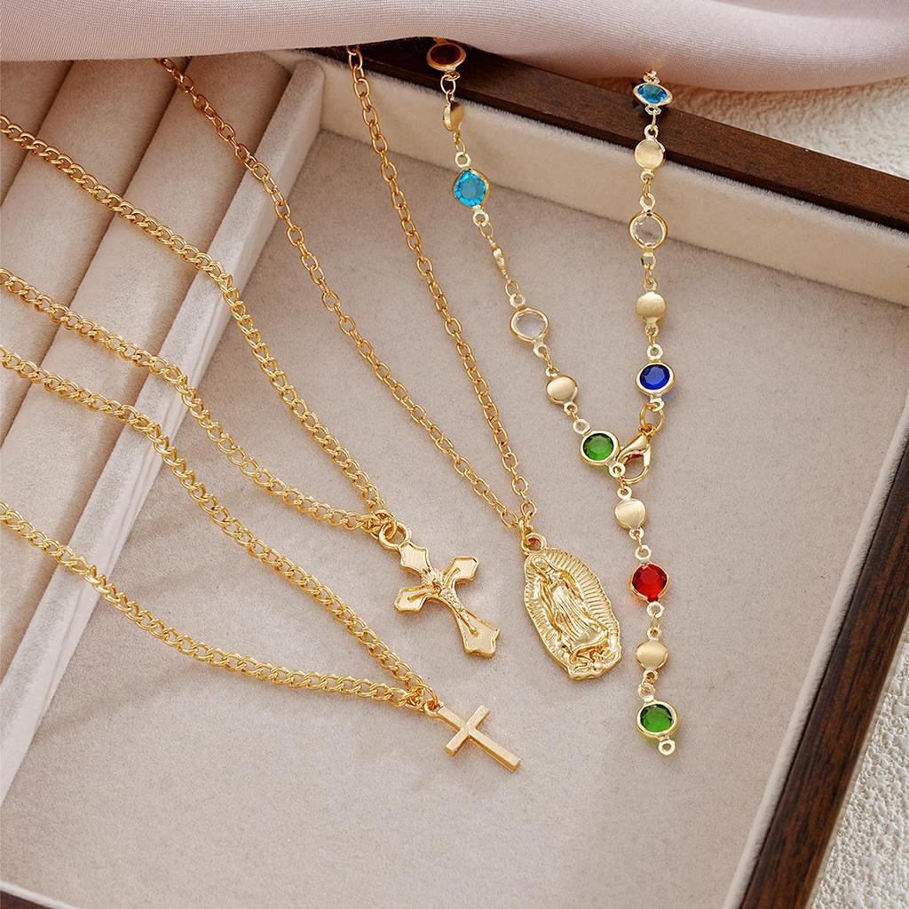 4Pcs Cross Pendant Necklace Set for Women Trendy Colorful Chain Long Necklace Party Jewelry