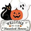 1pcs New Front Door Halloween Welcome Sign Pumpkin Skeleton Wreath Wooden Halloween Party Decoration