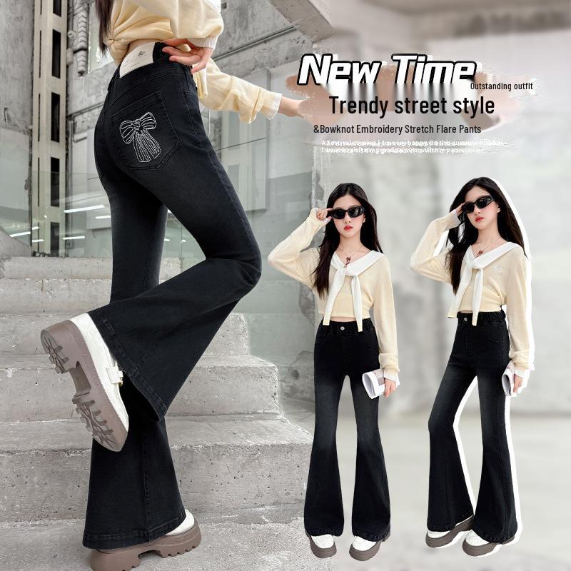 Girls' Flared Jeans with Bow - Autumn 2025 Fashion