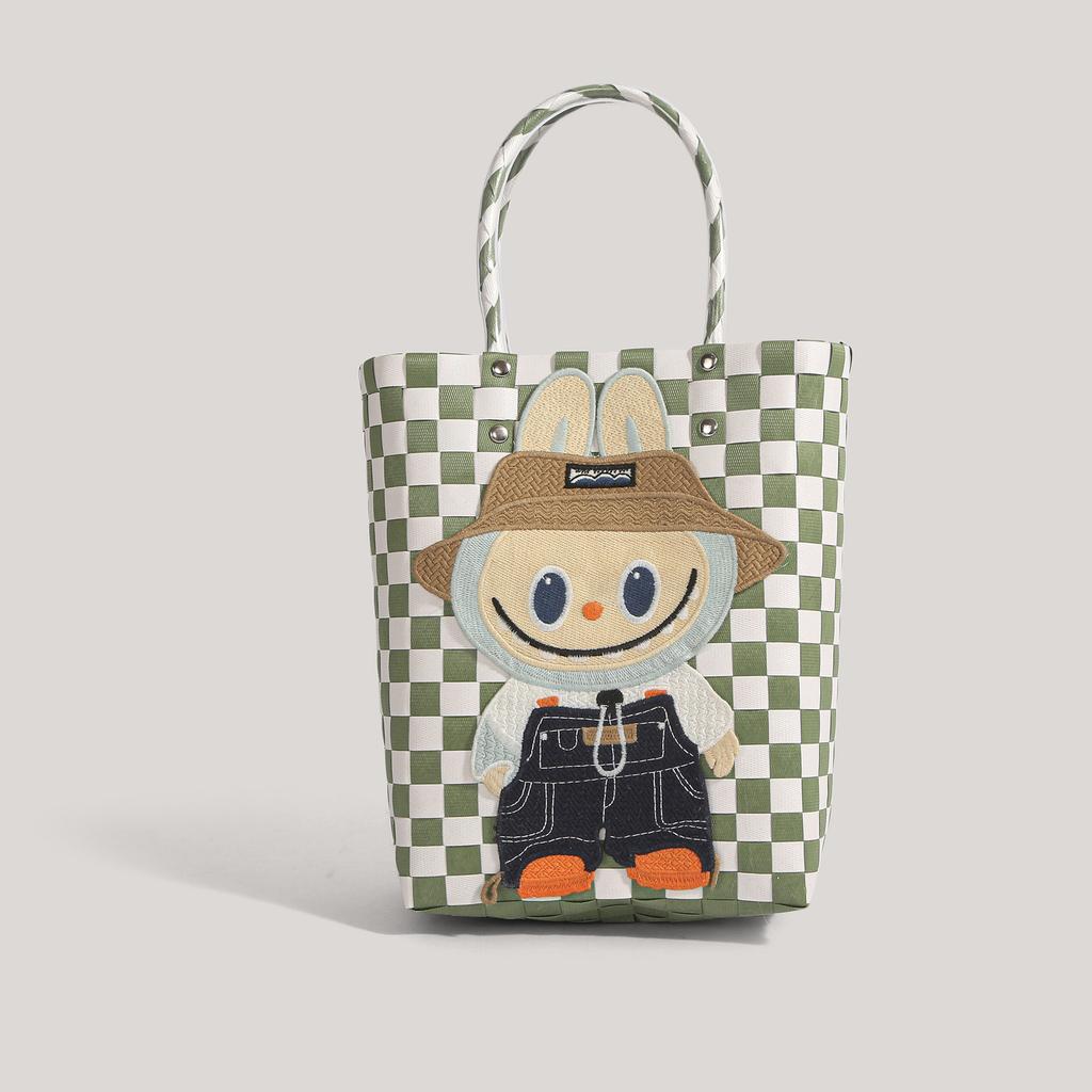 Labubu plastic woven handbag woven vegetable basket handbag handmade bag
