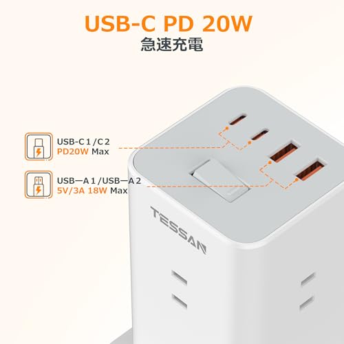 TESSAN 20W PD20W Tower-Style Power Strip with 2m Slim Plug Extension Cord, 8 AC Outlets, 4 USB Ports (Type-A/C), and 8 Power Outlets. Compatible with
