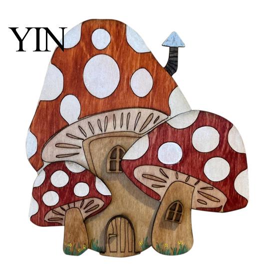 Hand Painted Rabbit Decorations Wooden Fairy Door Decor, 2D Gnome Elf Ornament, Bunny Mushroom Springtime Living Room Embellishments Wood Craft, House