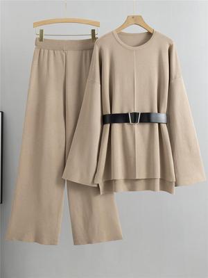 Conjunto de Calça de Tricô Wide-Leg e Suéter Feminino - Moda Outono/Inverno Conjunto de Duas Peças