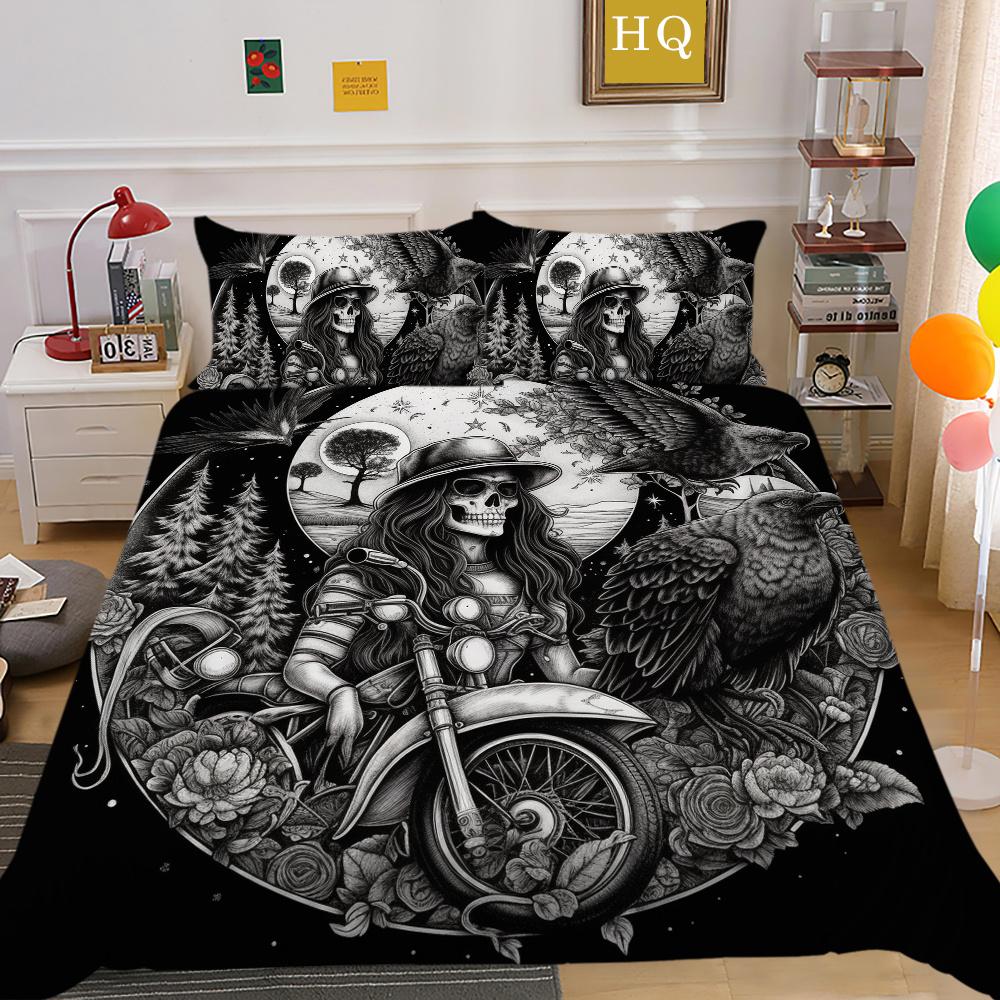 Beauty Skull Printed Home Bedclothes Double Size Microfiber Teen Fashion High Ranking Bedroom Decor