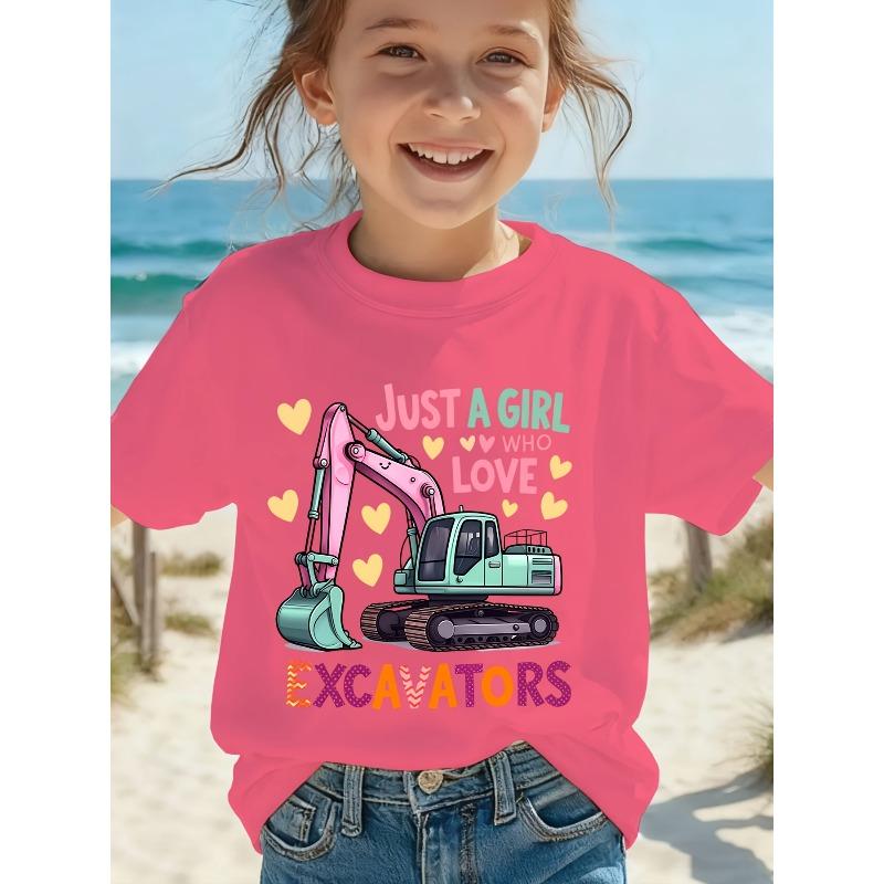 European Size Girls Round-neck Short-sleeved T-shirt with Cartoon Excavator Pattern Print