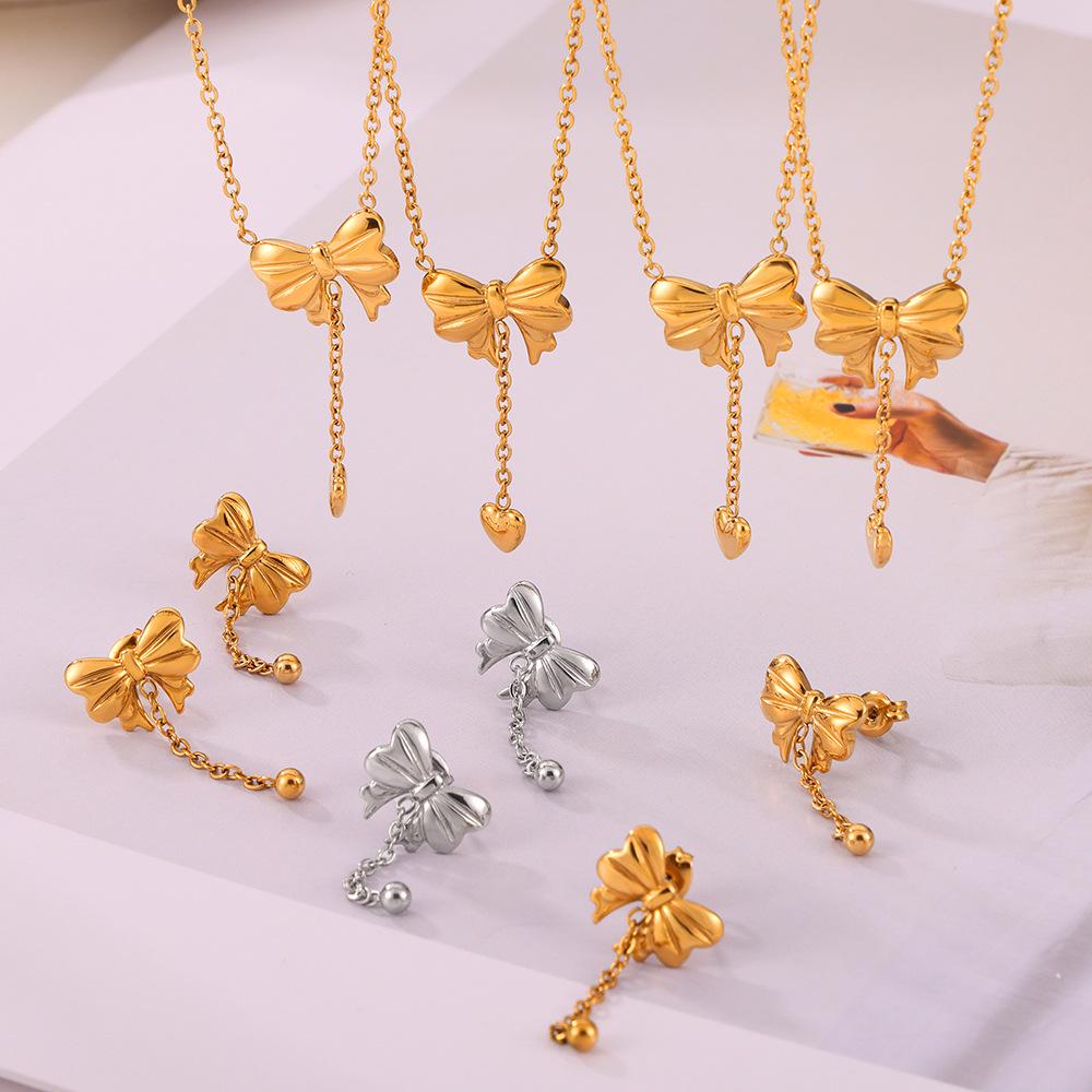 Heart-shaped Tassel Bow Necklace & Titanium Steel Earring Set