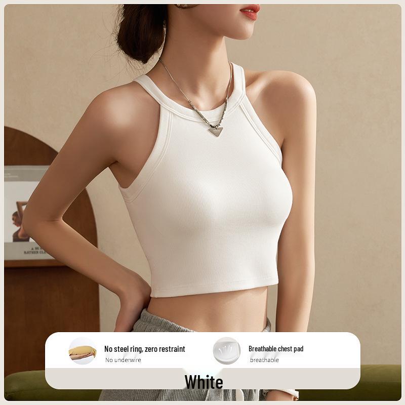 Halter Neck Sleeveless Crop Top with Chest Pads - Women's Beautiful Back Lingerie Bra & Summer Outerwear Belly-Baring White Top