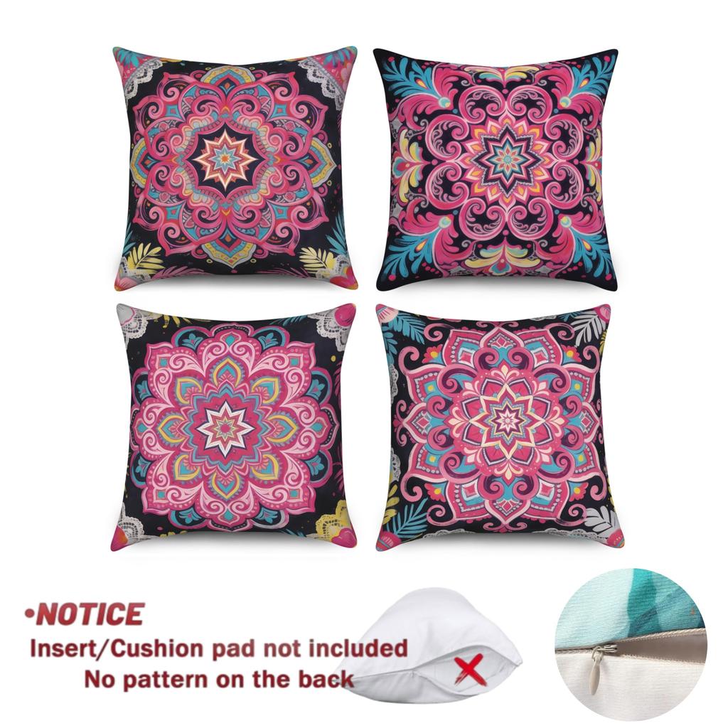 4Pcs/Set Boho Pink Mandala Throw Pillow Covers, Colorful Bohemian Floral Cushion Cases, Polyester/Linen, Ethnic Home Decoration