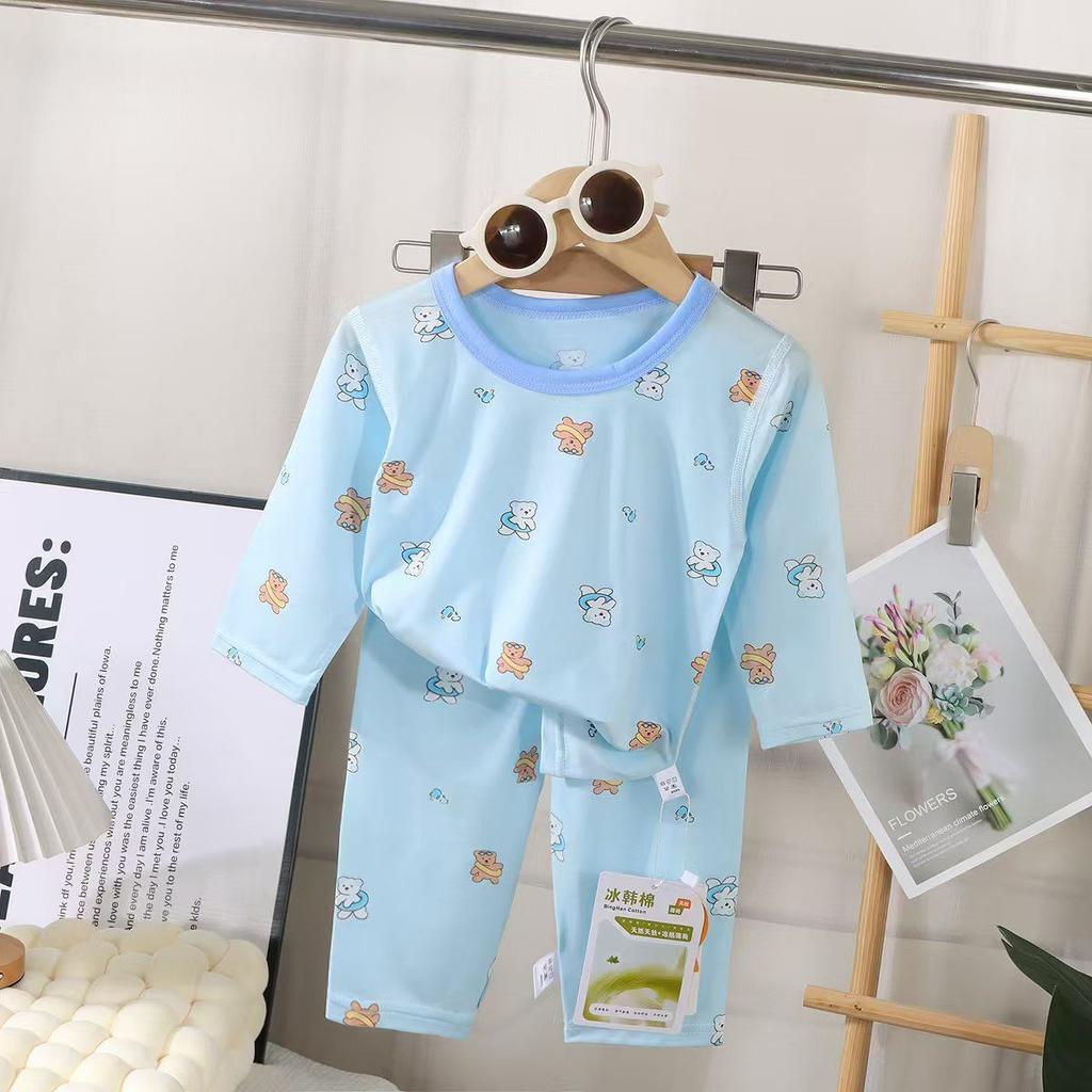 Children'S Pajamas, Pajamas, Summer Boys And Girls Tencel Lyocell Loungewear Nine-Quarter Sleeve Thin Korean Version Set