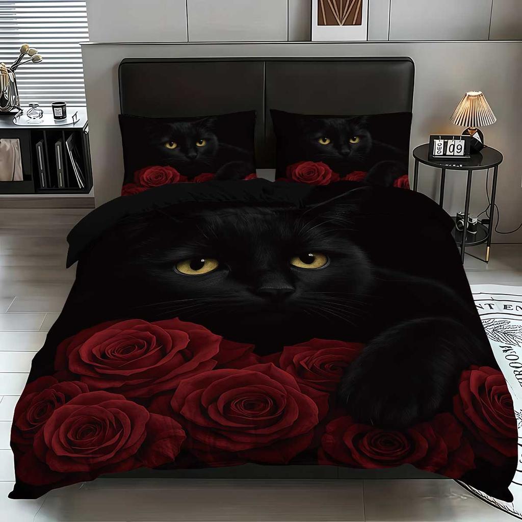 3pcs Black Cat Pattern Printed Bedding Set, 1*quilt Cover+2*pillowcase, Suitable for King Bed, Single Bed for All Seasons