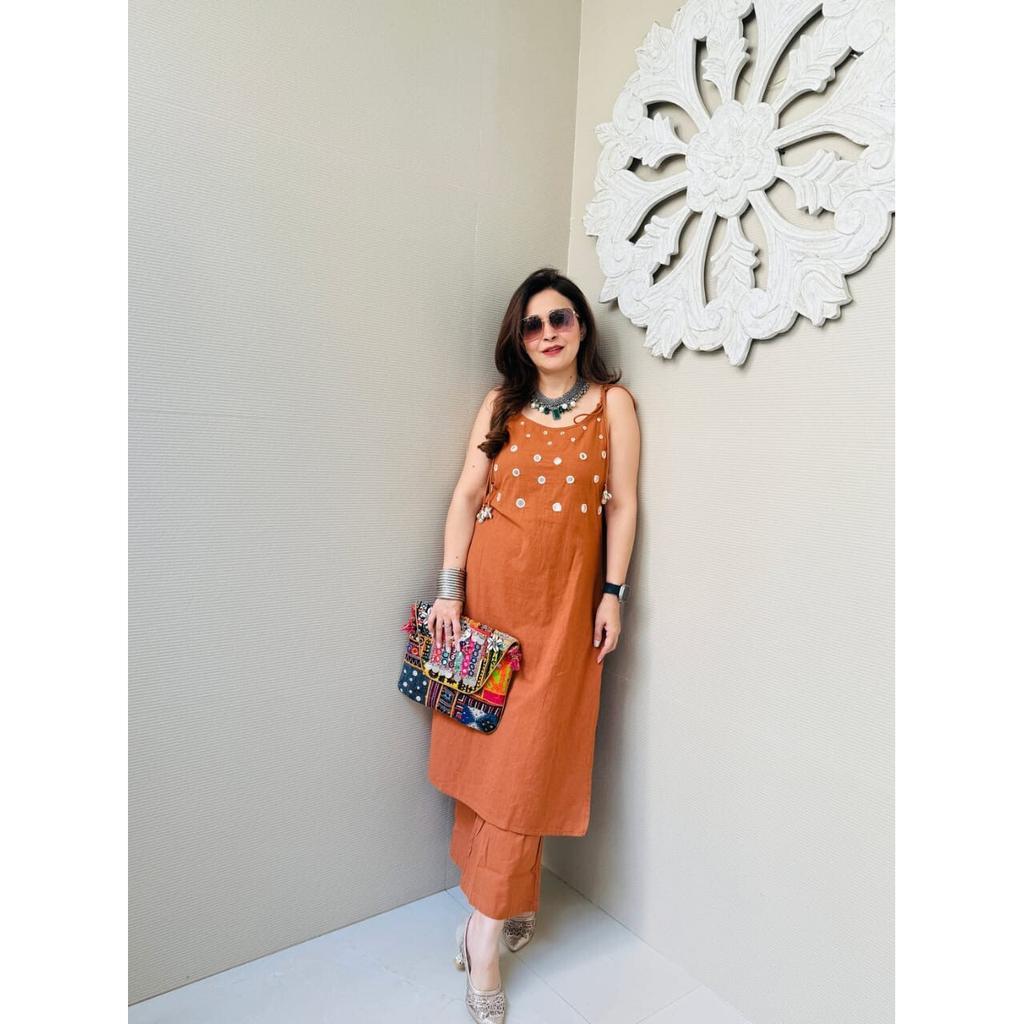 Damen Designer Baumwoll-Slub Kurta Hosen Set Indische Partykleidung Oberteil Tunika Kurti SC-2165