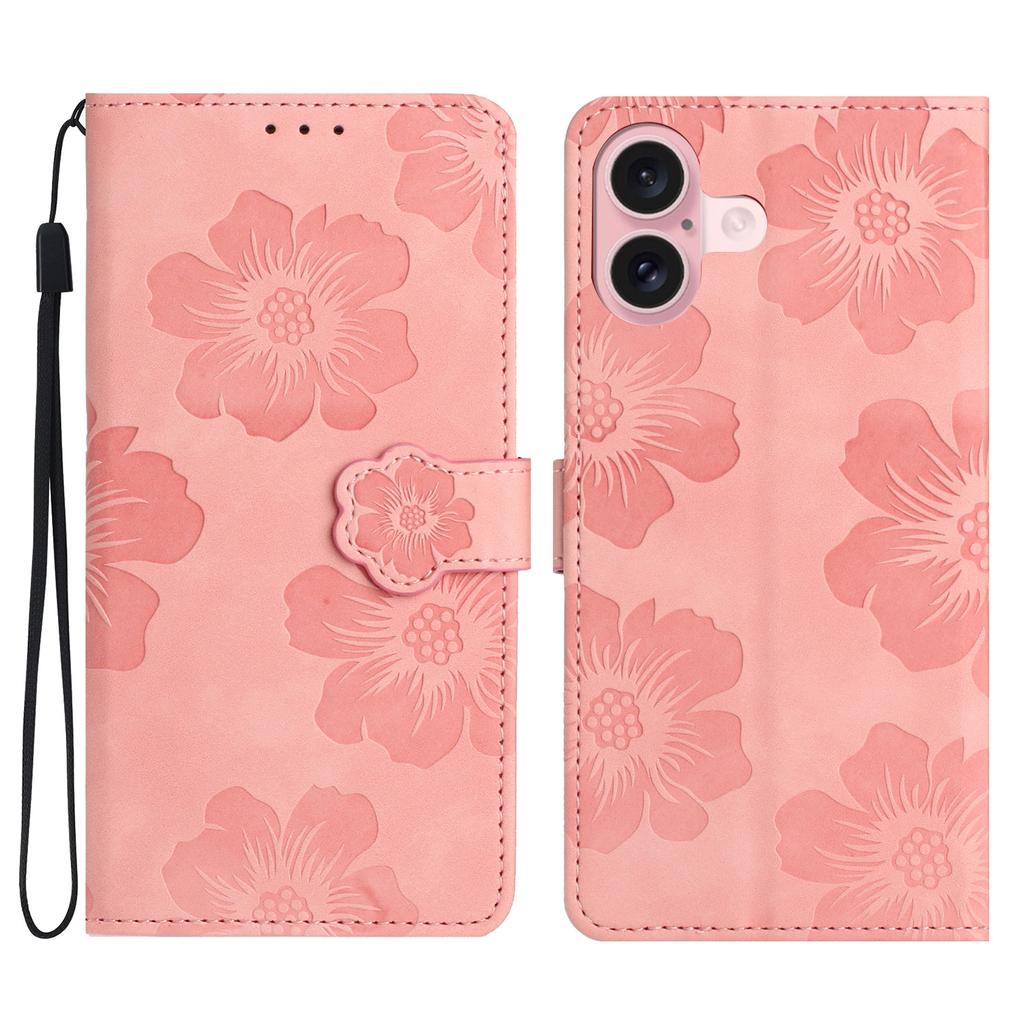 For iPhone 17 Case Flower Design Leather Wallet Phone Cover with Wrist Strap