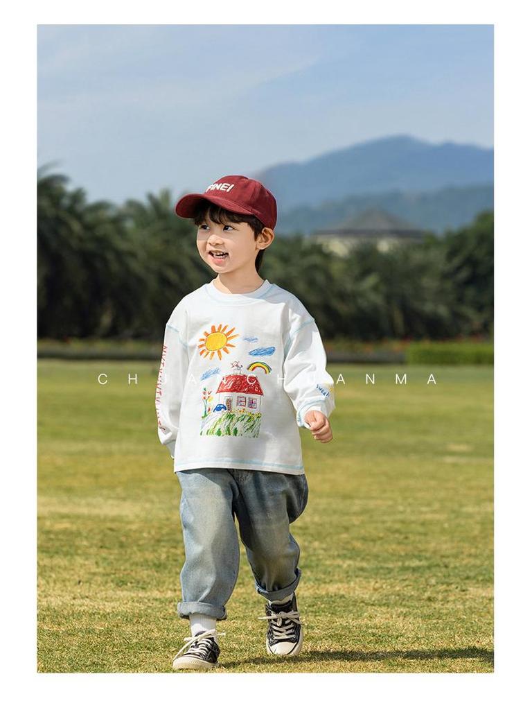 Nausicaa Spring 2025 Kids' Hand-Painted Korean-Style Cotton T-Shirt - Cute Long Sleeve for Boys & Girls