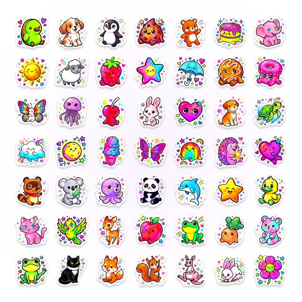 50 Cartoon Animal Cute Stickers Cute Shining Food Decorative Stickers Waterproof Stickers Fun Food
