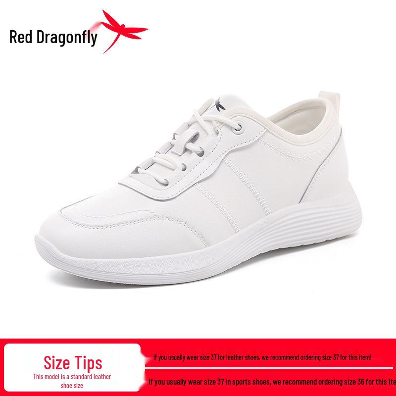 Red Dragonfly Women's Spring Leather Casual Sports Shoes - Genuine Leather, Soft Sole, Waterproof Little White Shoes