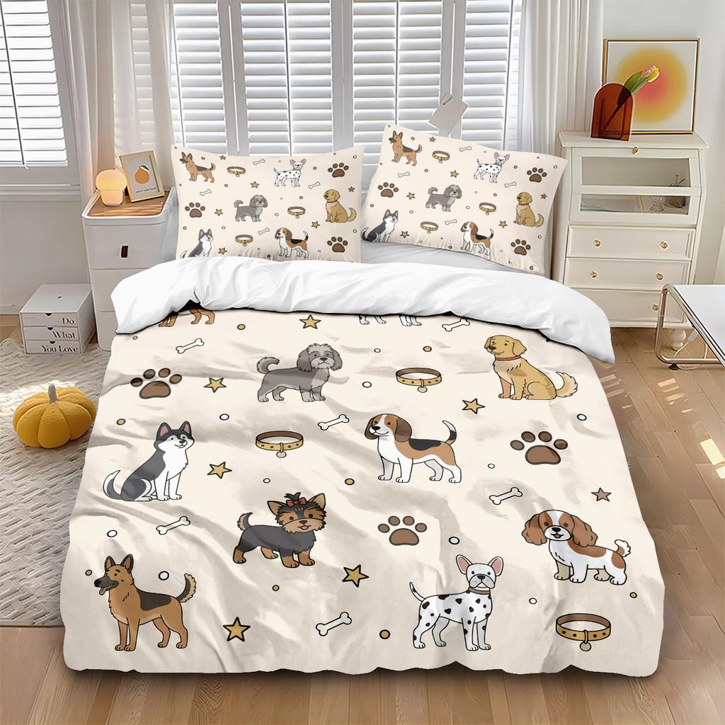 3pcs Cartoon Dog Print Soft Coreless Duvet Cover Set, Multi Size Bedroom Bedding Decoration, Machine Washable