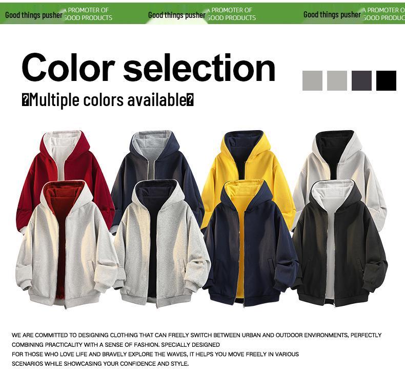 Men's Reversible Trendy Loose Hooded Jacket, Black/Light Gray, Spring/Autumn Casual Sportswear.