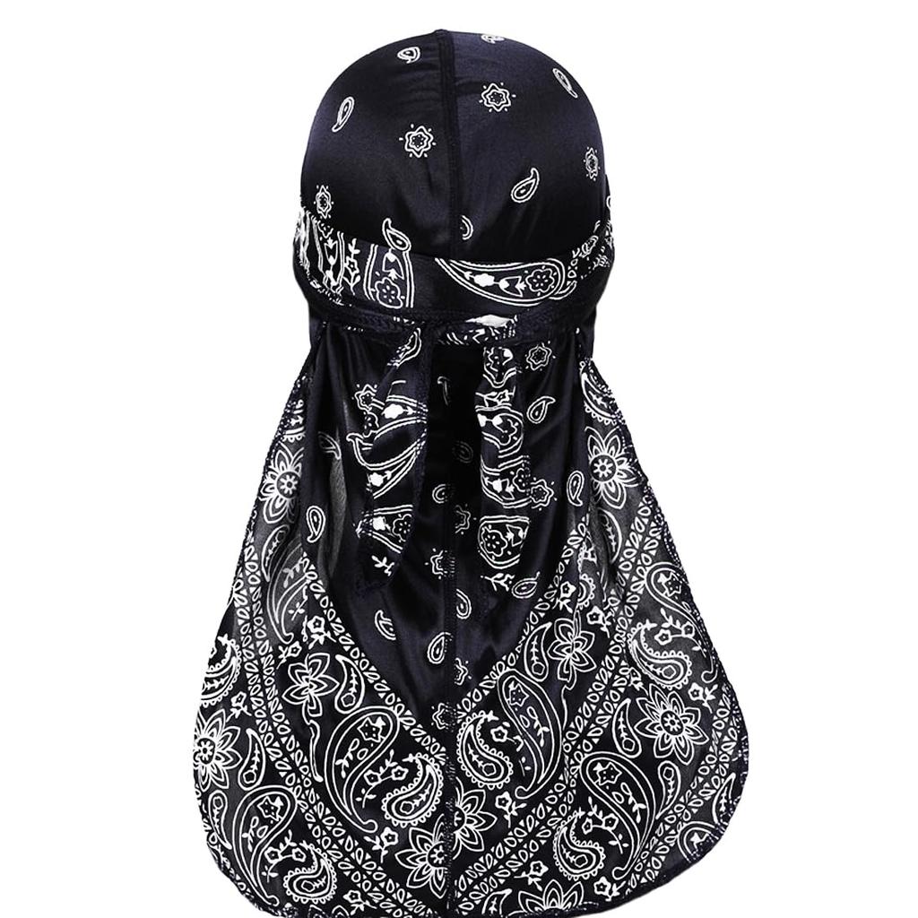 Trifong Durag Navy Paisley Shiny Fabric Pirate Bandana Hip Hop Dance Wave Cap Doo Rag Hiphop Costume Dance Costume Rapper Breakdance Dancer Bandana