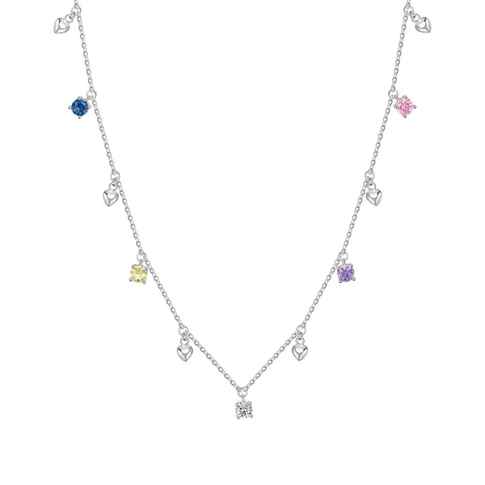 

Korean S925 Sterling Silver Macaron Necklace for Women - Sweet Colorful Zirconia Square Clavicle Chain 925 Silver белый