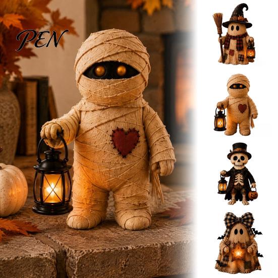 Small Apartment Ornaments Lighted Vintage Patchwork Ghost Figurine with LED Lantern, Rustic Farmhouse Halloween Figurine, Decorative Fall Figurines