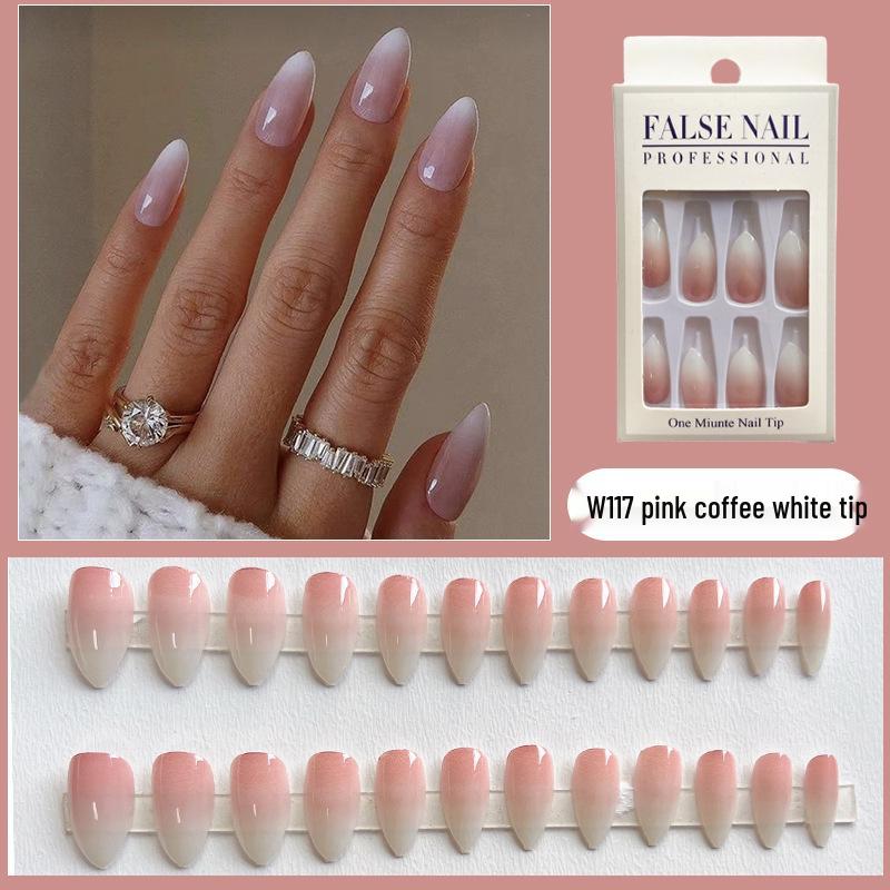 

24 шт. Миндалевидные Градиентные Ледяной Розовый Отбеливающие Съемные Накладные Ногти - Острая Форма для Женщин Glue Version - Pink Coffee White Tip