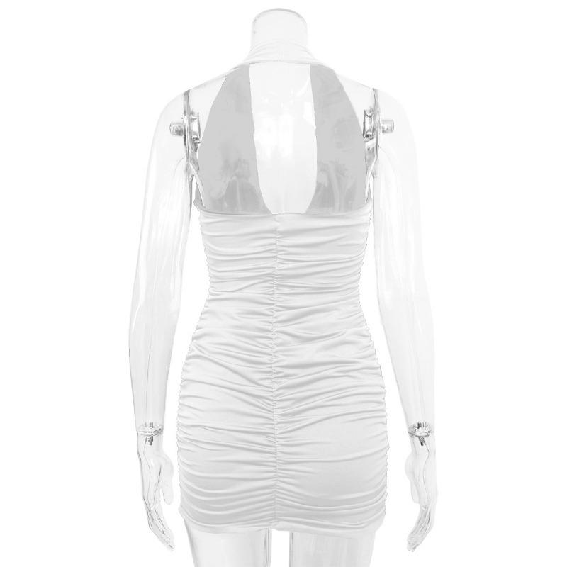 Summer Women's Dress V-Neck Hanging Neck Backless Strapless Sexy Simple Pleated Dresses