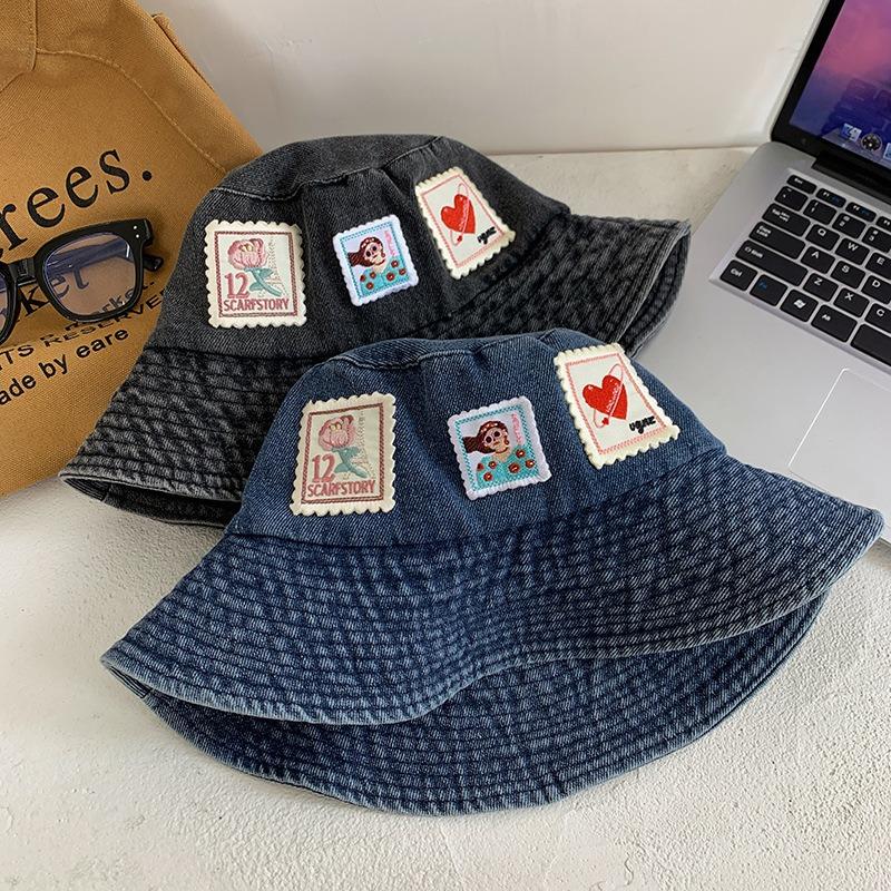 Stamp sticker washed denim bucket hat women's summer versatile washbasin hat cute big head circumference hat
