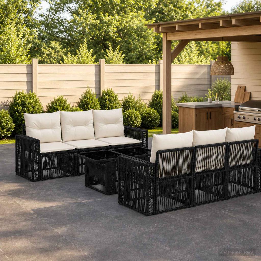 Garden Sofa Set 7 Pieces Black and Cream White Poly Rattan