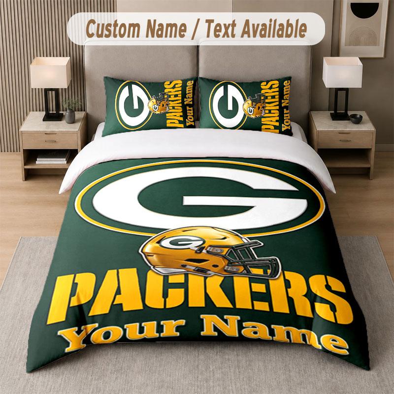 Custom Bedding Set Green Bay Packers Pattern, Print Name Text 1 Duvet Cover Plus 2 Pillowcases Home Textile