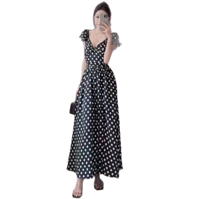 Korean Style Puff Sleeve Polka Dot A-Line Slit Dress - Summer 2026 Collection