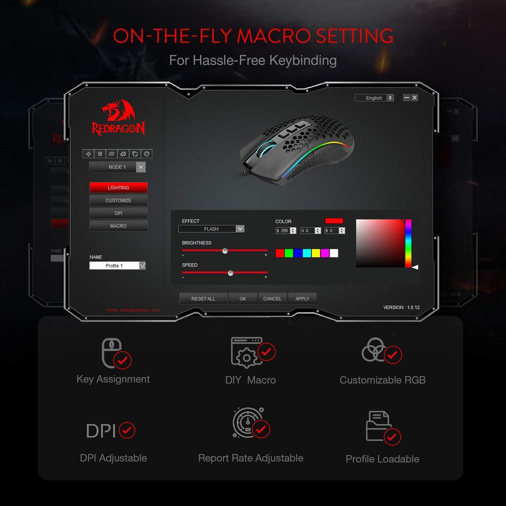 Redragon M808 Storm Lightweight RGB Gaming Mouse with 85g Ultra-Light Shell - 12,400 DPI Optical Sensor - 7 Programmable Buttons - Accurate