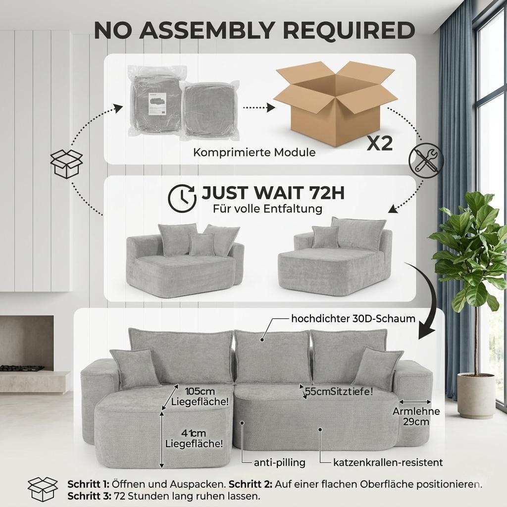 Sofá de Esquina en Forma de L "Cloud Couch", 262 cm con Chaise Longue, Asiento Profundo XXL, Sin Montaje, Sofá Modular en Chenilla Gris para Sala de Estar