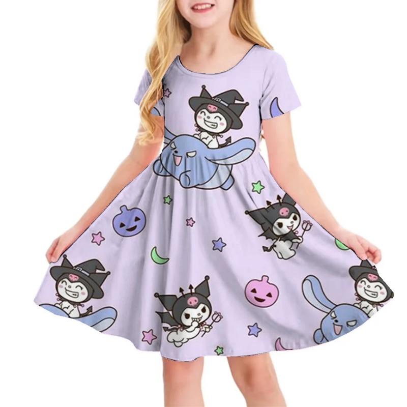 Hello Kitty Printed Children T Shirt Dresses Kuromi My Melody Girls Casual Dress Kids Cute Kitty