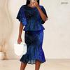 Women Plus Size Two Piece Skirt Set Round Neck Batwing Sleeve Printed Green Black Ruffle Hem Top Fishtail Skirt