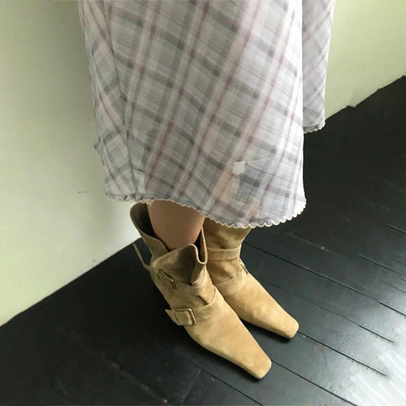 Designer Square Toes Metal Buckle Strap Short Boots For Female Women Thin High Heel New Leather Fabric Elegant Sexy Winter Shoes